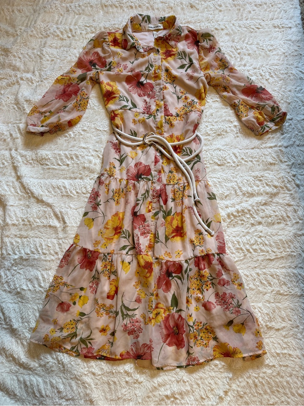 Harlow & Rose Floral Tiered Chiffon Midi Dress Size Small Cottagecore Boho
